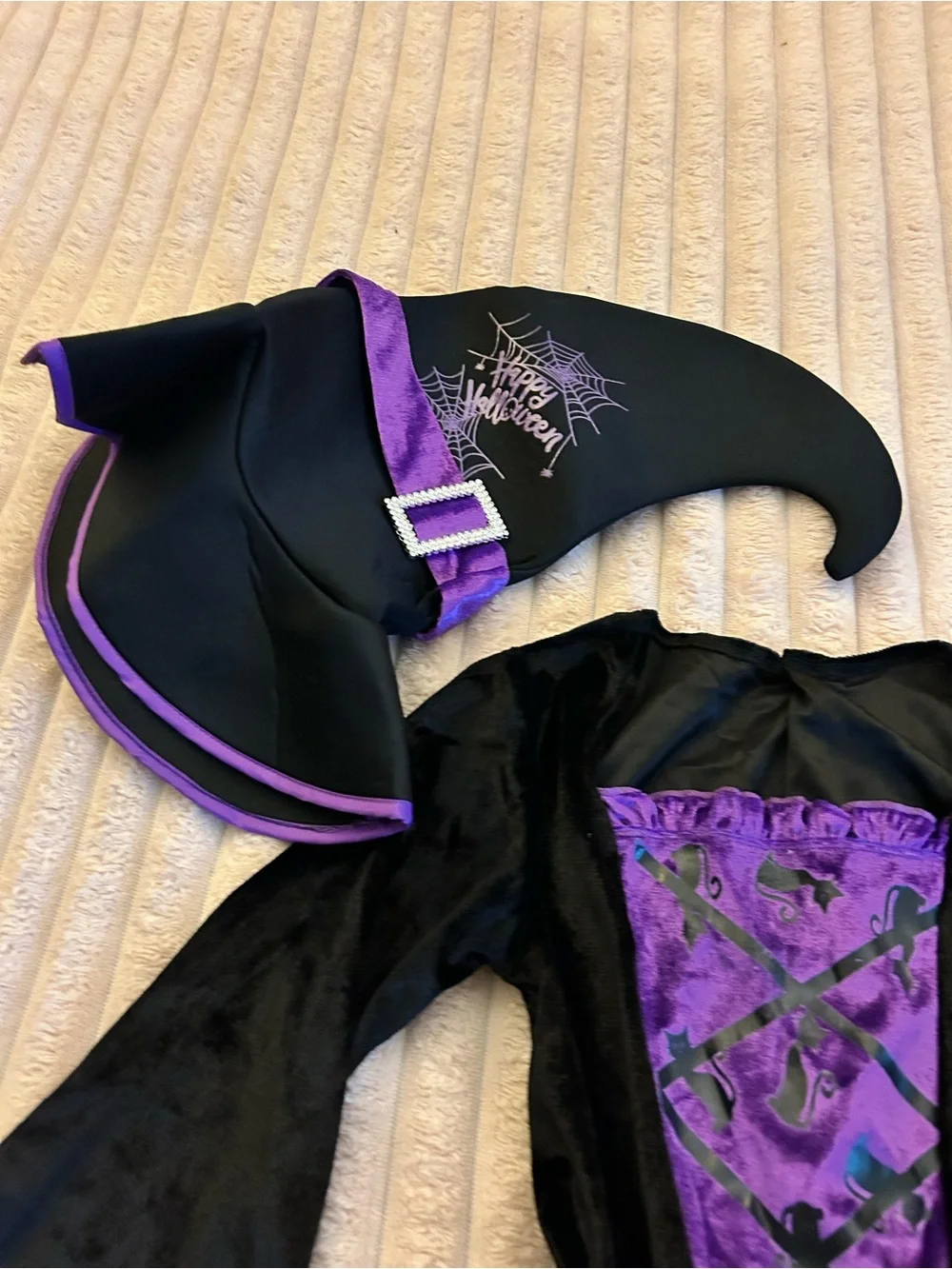 Girls Black & Purple Witch Costume Dress with Hat and 2 Broomsticks